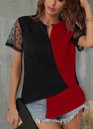 Color Block Notched Short Sleeve T-Shirt - MimiStylez