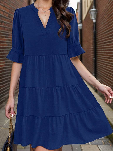 Tiered Notched Half Sleeve Dress - MimiStylez
