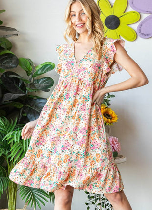 Heimish Full Size Floral Ruffled V-Neck Dress - MimiStylez