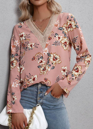 Printed V-Neck Long Sleeve Blouse - MimiStylez