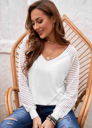 Sheer Striped V-Neck Top - MimiStylez