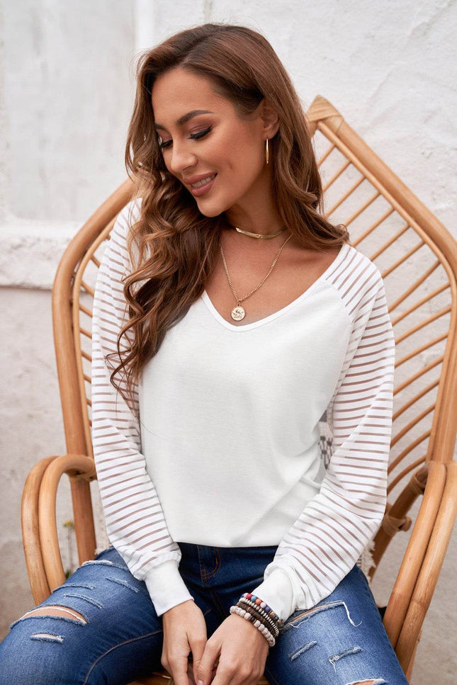 Sheer Striped V-Neck Top - MimiStylez