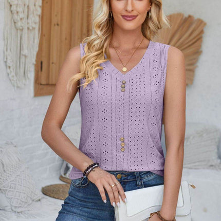 Eyelet Decorative Button V-Neck Tank - MimiStylez