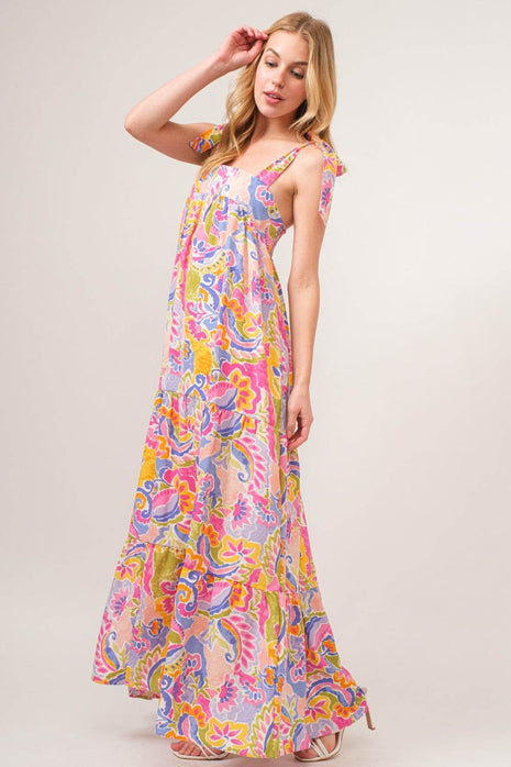 And The Why Full Size Printed Tie Shoulder Tiered Maxi Dress - MimiStylez