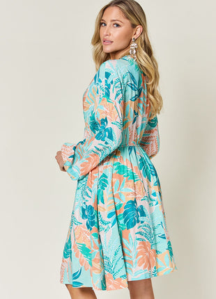 Double Take Full Size Printed V-Neck Drawstring Dress