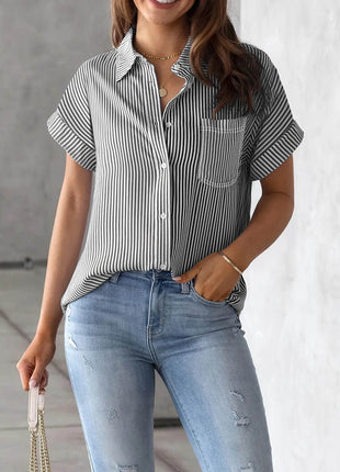 Full Size Striped Button-Up Casual Shirt with Pocket Plus Size - MimiStylez