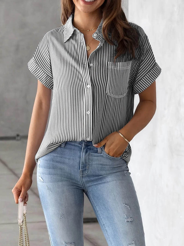 Full Size Striped Button-Up Casual Shirt with Pocket Plus Size - MimiStylez