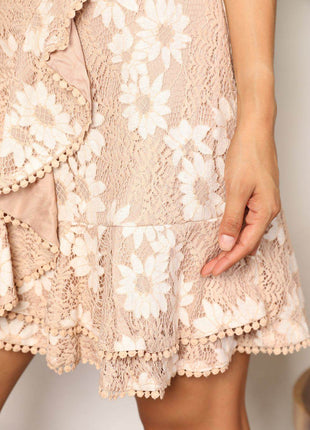 Double Take Floral Lace Pompom Detail Tie-Waist Flutter Sleeve Dress - MimiStylez