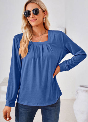 Square Neck Ruched Long Sleeve Blouse - MimiStylez