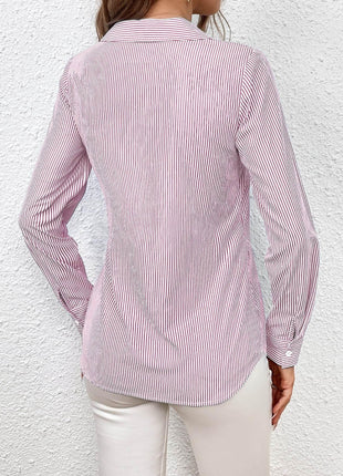 Bow Tie Waist Johnny Collar Neck Striped Blouse - MimiStylez