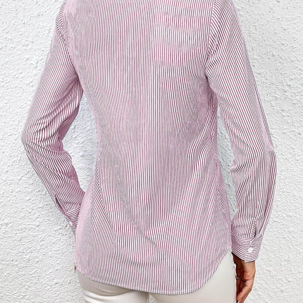 Bow Tie Waist Johnny Collar Neck Striped Blouse - MimiStylez
