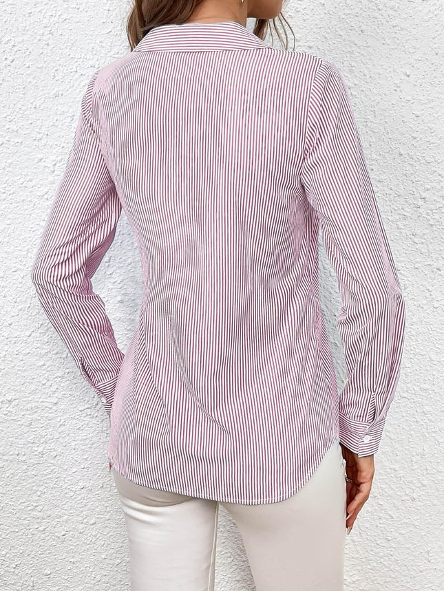 Bow Tie Waist Johnny Collar Neck Striped Blouse - MimiStylez