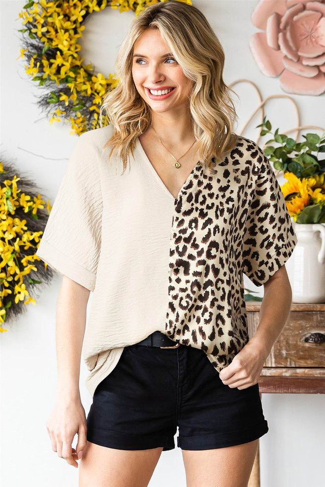 Leopard Color Block V-Neck Blouse - MimiStylez