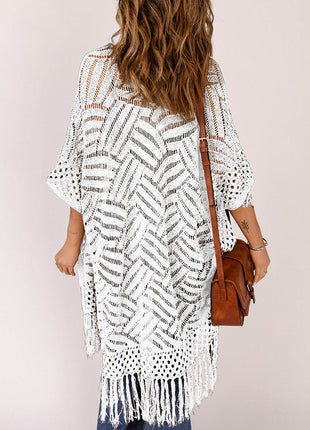 Openwork Open Front Cardigan with Fringes - MimiStylez