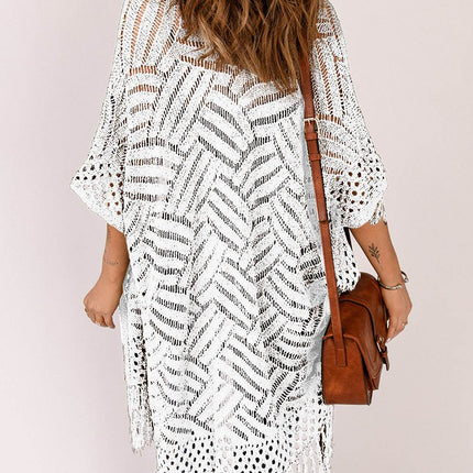 Openwork Open Front Cardigan with Fringes - MimiStylez