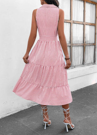 Striped Johnny Collar Sleeveless Midi Dress - MimiStylez