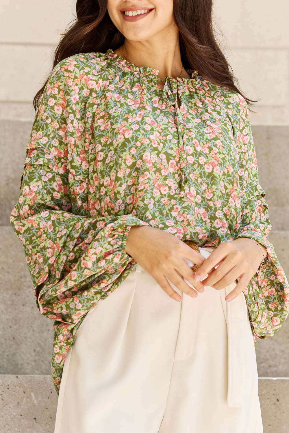 HEYSON She's Blossoming Full Size Balloon Sleeve Floral Blouse