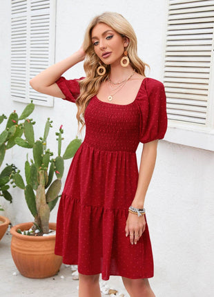 Swiss Dot Smocked Square Neck Dress - MimiStylez