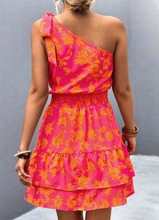 Tied Smocked Printed Single Shoulder Dress - MimiStylez