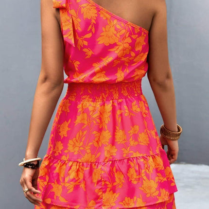 Tied Smocked Printed Single Shoulder Dress - MimiStylez