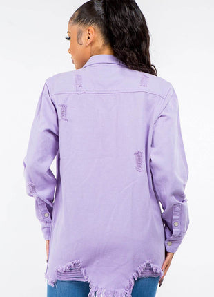 American Bazi Frayed Hem Distressed Denim Jacket - MimiStylez