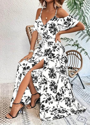 Women's Floral Maxi Dress Cold Shoulder Split Belted A Line Long Summer Dress - MimiStylez