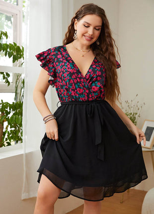 Plus Size Floral Surplice Neck Flutter Sleeve Dress - MimiStylez