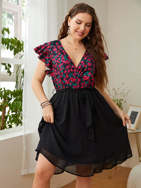 Plus Size Floral Surplice Neck Flutter Sleeve Dress - MimiStylez