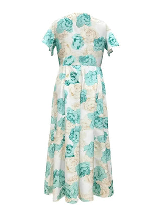 Plus Size Floral Print V-Neck Maxi Dress with Flutter Sleeves - MimiStylez