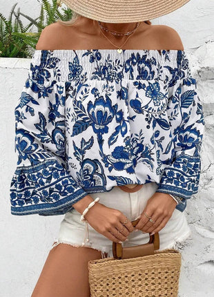 Smocked Printed Off-Shoulder Blouse - MimiStylez