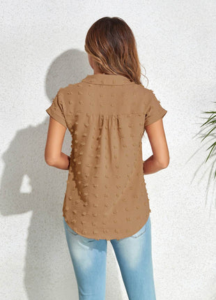 Swiss Dot Button Up Cap Sleeve Shirt - MimiStylez