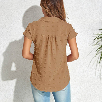 Swiss Dot Button Up Cap Sleeve Shirt - MimiStylez