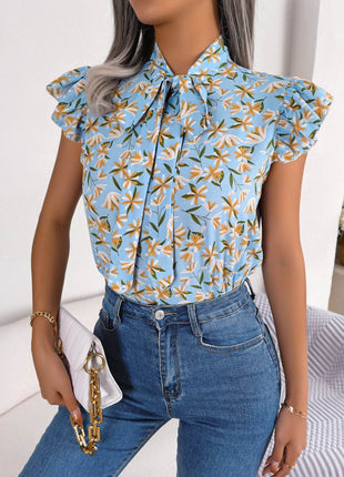 Floral Tie Neck Flutter Sleeve Blouse - MimiStylez