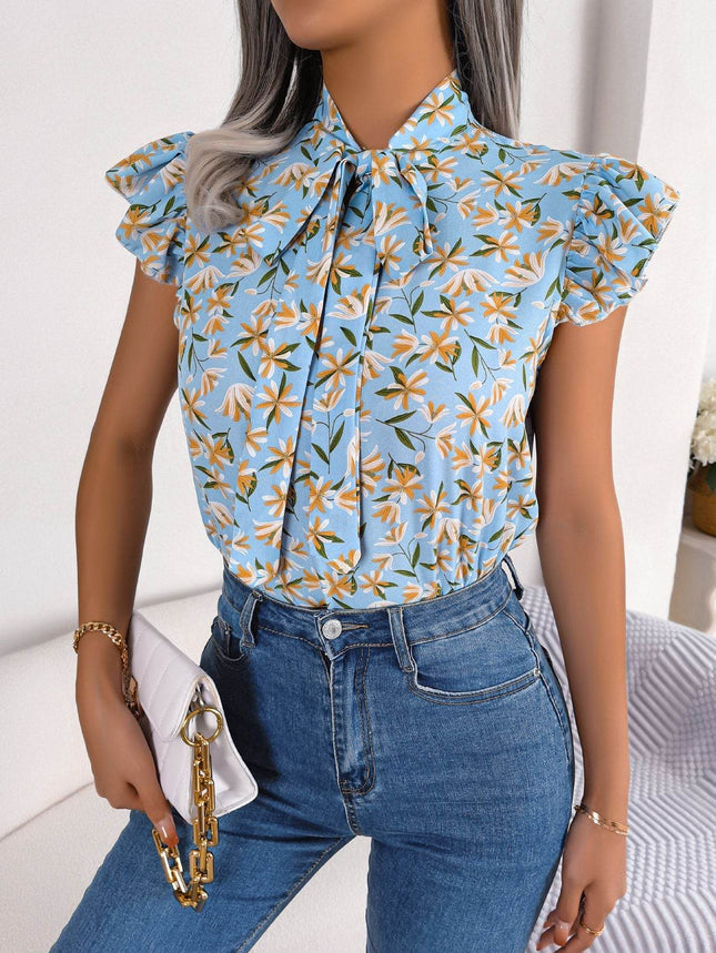 Floral Tie Neck Flutter Sleeve Blouse - MimiStylez