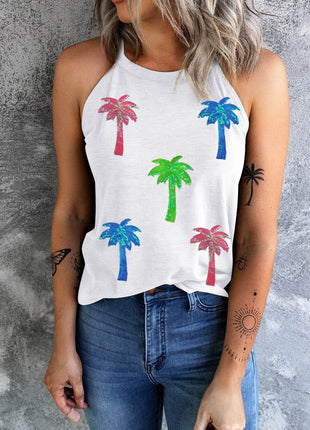 Sequin Coconut Tree Round Neck Tank - MimiStylez