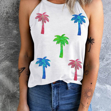Sequin Coconut Tree Round Neck Tank - MimiStylez