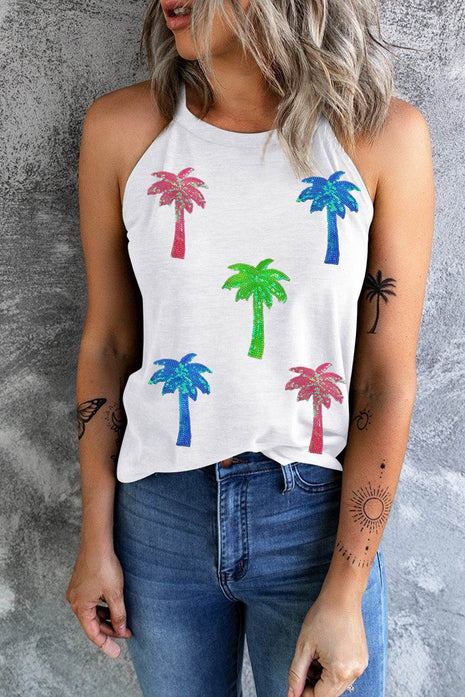 Sequin Coconut Tree Round Neck Tank - MimiStylez