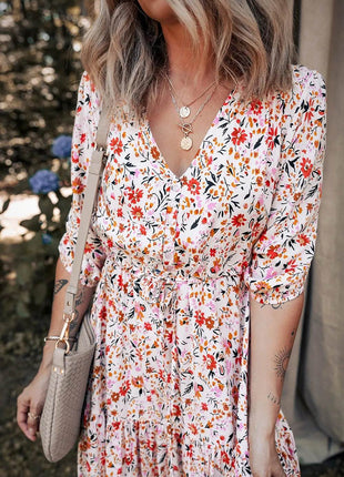 Boho Half Sleeve Floral V Neck Maxi Dress - MimiStylez