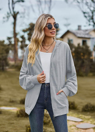 Zip Up Drawstring Long Sleeve Hooded Jacket - MimiStylez