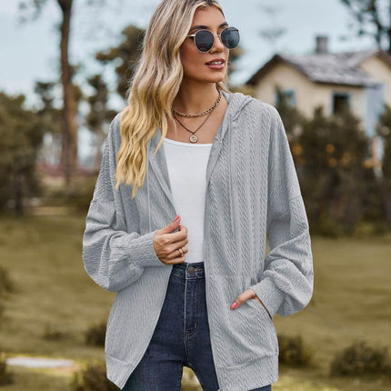 Zip Up Drawstring Long Sleeve Hooded Jacket - MimiStylez