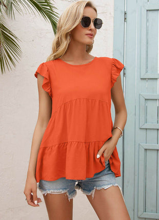 Round Neck Flutter Sleeve Tiered Blouse - MimiStylez