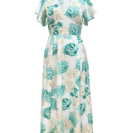 Plus Size Floral Print V-Neck Maxi Dress with Flutter Sleeves - MimiStylez
