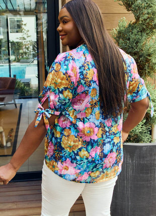 Petal Dew Full Size Floral V-Neck Tie Detail Blouse - MimiStylez