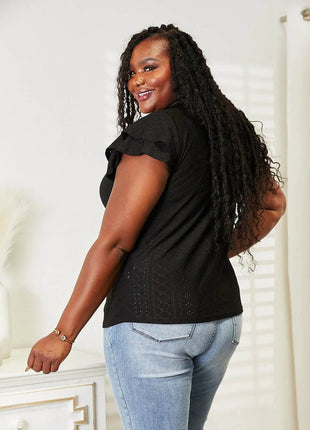 Double Take Eyelet Tie-Neck Flutter Sleeve Blouse - MimiStylez