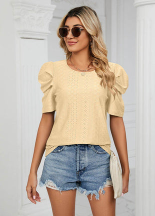 Eyelet Puff Sleeve Round Neck Blouse - MimiStylez