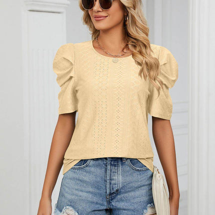 Eyelet Puff Sleeve Round Neck Blouse - MimiStylez