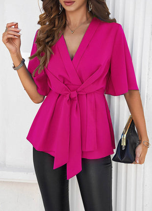 Surplice Tie Waist Half Sleeve Blouse - MimiStylez