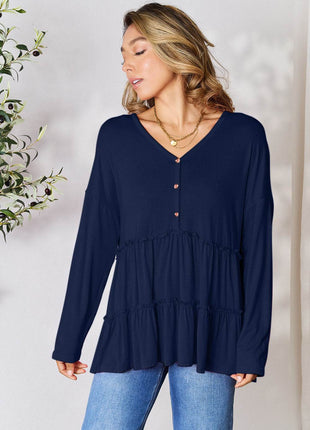 Double Take Half Button Long Sleeve Ruffle Hem Blouse - MimiStylez