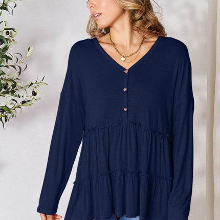 Double Take Half Button Long Sleeve Ruffle Hem Blouse - MimiStylez