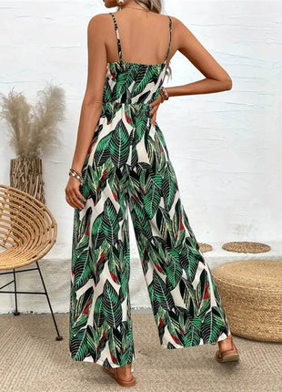 Tropical Print Spaghetti Strap Wide Leg Jumpsuit - MimiStylez